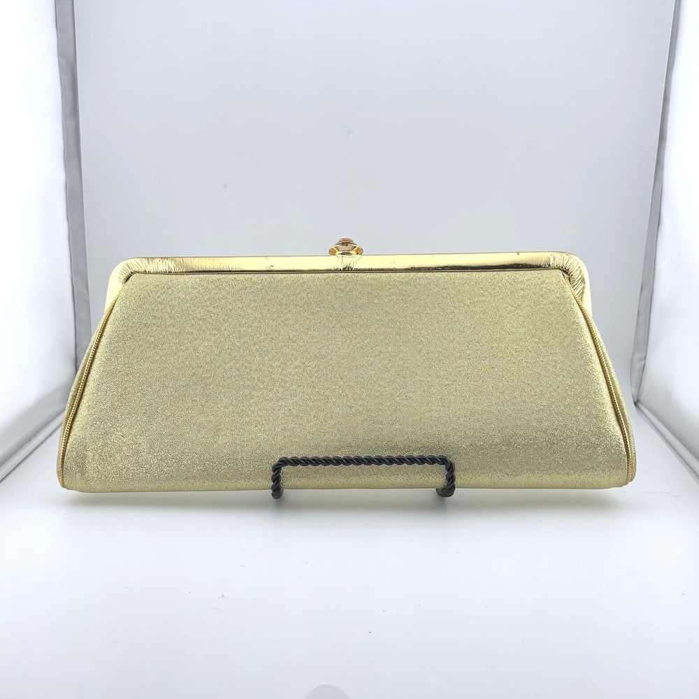 Vintage Gold Shimmer Evening Clutch Bag Kiss Lock Formal Metallic Wedding Bag‎